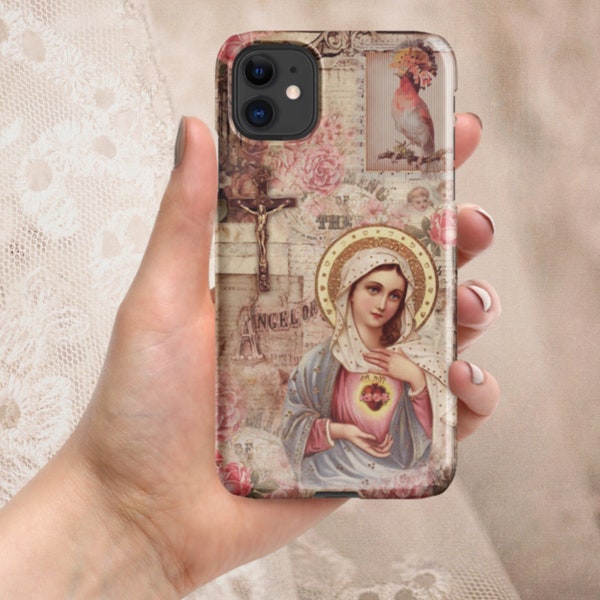 Virgin Mary iphone case, Vintage Catholic Aesthetic collage Case, Retro Victorian collage, scrap book mood board case & Antique Pink Roses.