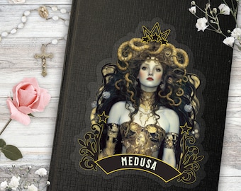 Goddess Medusa Sticker for junk journal, Art nouveau scrap book ephemera, Greek mythology steam-punk witchy art for grimoire book of shadows