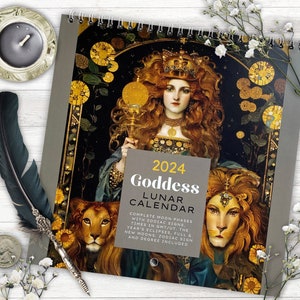 Goddess Moon Phase Calendar 2024, Lunar Astrological Calendar I Divine Feminine Greek Mythology Illustrated. EST, GMT & AEST versions.