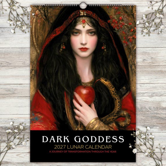 Dark Goddess Calendar 2027 with Moon phases & Pagan holidays I Art nouveau gothic gift