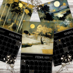 Calendario de fases lunares 2026, planificador lunar compacto y plegable de brujas con festividades paganas y motivos florales melancólicos. imagen 3