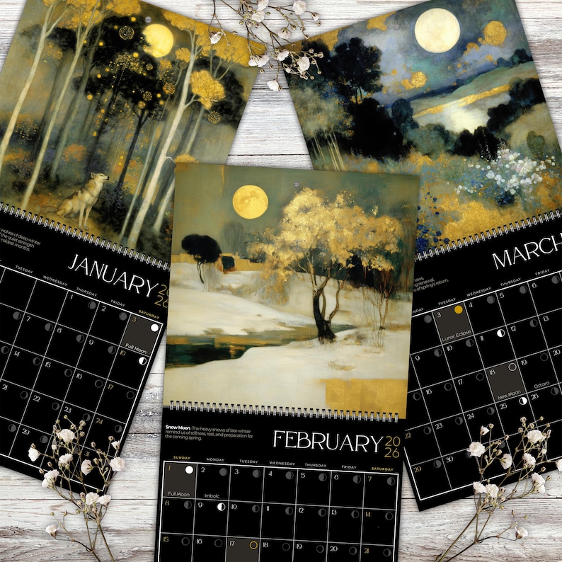 Calendario de fases lunares 2026, planificador lunar compacto y plegable de brujas con festividades paganas y motivos florales melancólicos. imagen 3
