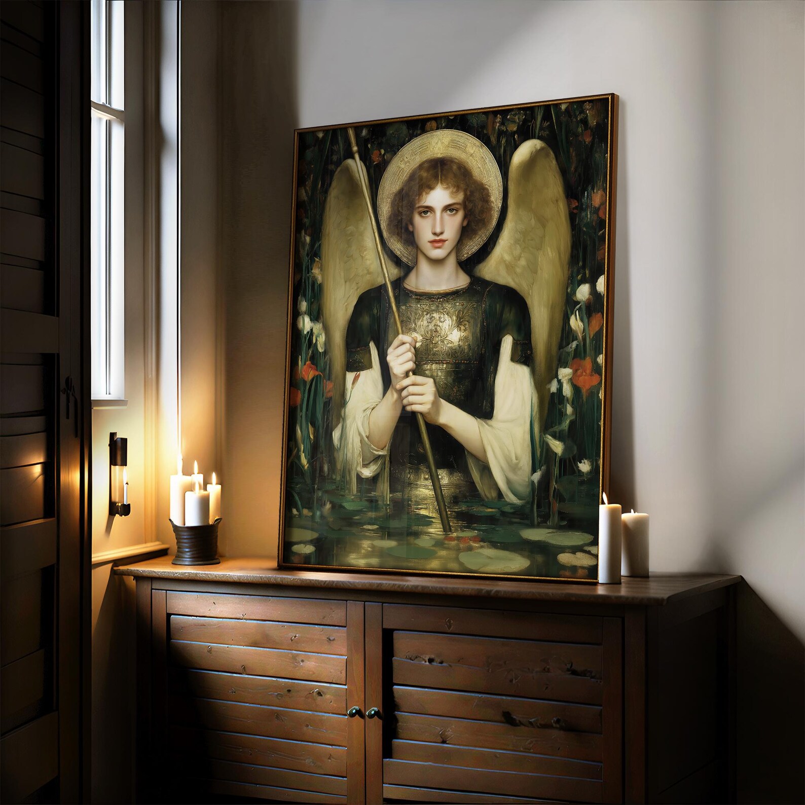 Archangel Raphael Healing Art Print, Water Lily Lake Angel Art, Moody ...