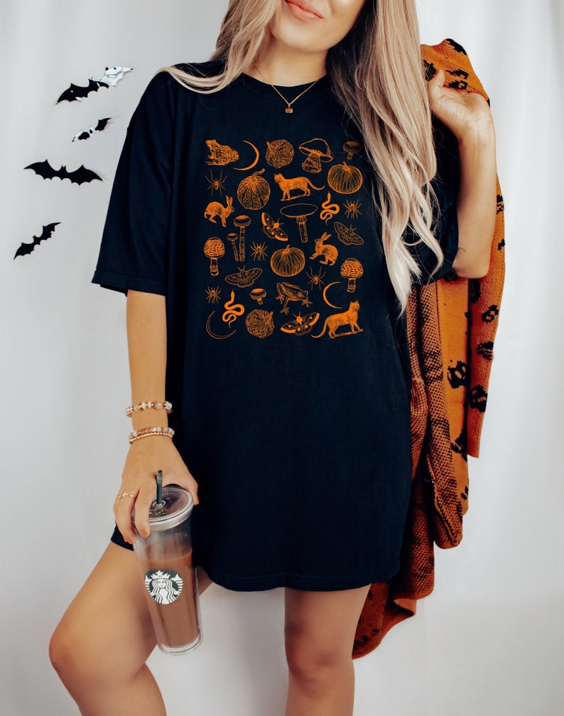 Witchy shirt, pumpkins, spiders & cat vintage tee woman, orange graphic tee, pagan witch gift, black unisex tshirt, over-sized tee image 4