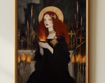St Brigid print, Celtic Goddess of fire, art, poetry & home, Irish goddess with crucifix gothic home decor, pagan gift, art nouveau cross,