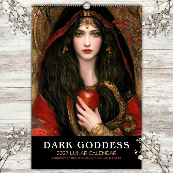 Dark Goddess Calendar 2027 with Moon phases & Pagan holidays I Art nouveau gothic gift