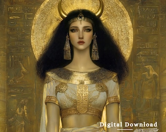 May include: Digital illustration of a woman in ancient Egyptian attire. She wears a gold headdress with horns, a gold halo, and gold jewelry. Her white and gold outfit is detailed with hieroglyphs. The background is a golden wall with hieroglyphs. Text: Digital Download.