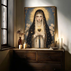 May include: A framed portrait of a woman with a halo, wearing a black veil with gold stars and a white dress. The portrait is on a wooden dresser with candles and a vase of dried flowers. The background is a soft blue with white flowers.