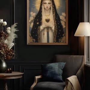 Virgin Mary print, Art Nouveau Giclee Catholic icon religious wall art, Our Lady Canvas, Mother gift 20" x 28" Inches
