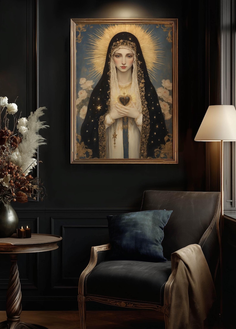 Virgin Mary print, Art Nouveau Giclee Catholic icon religious wall art, Our Lady Canvas, Mother gift 20" x 28" Inches