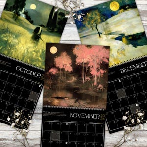 Calendario de fases lunares 2026, planificador lunar compacto y plegable de brujas con festividades paganas y motivos florales melancólicos. imagen 6