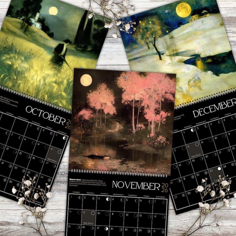 Calendario de fases lunares 2026, planificador lunar compacto y plegable de brujas con festividades paganas y motivos florales melancólicos. imagen 6