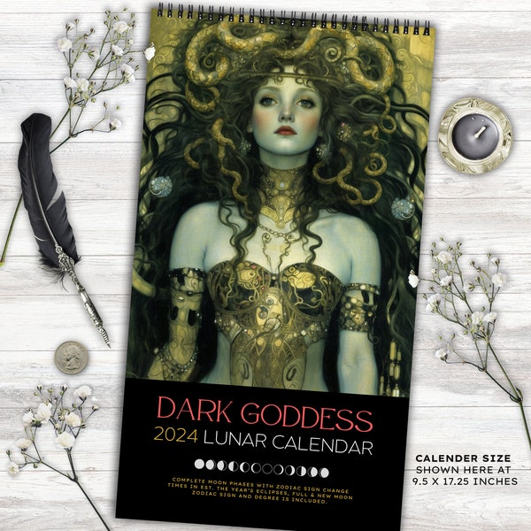 Dark Goddess 2024 Calendar Premium Large Black Wall Calendar Moon Phases Greek Mythology Gift For Her I Aesthetic for Gothic Pagan Room