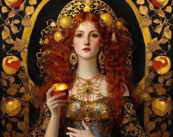 Eris Print Discordia Goddess of Strife with red hair & apples. Greek mythology I Sacred feminine Pagan Altar Art Nouveau gift, witchy decor.