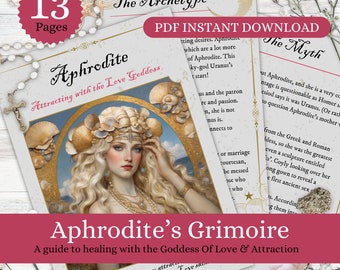 Aphrodite Grimoire Book Of Shadows for deity work. Goddess printable pages pdf guide. Aphrodite meaning in symbolism, art, myth & astrology