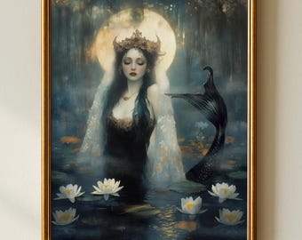 Gothic Mermaid Print, Water Lily Pond, Dark Academia Fairytale Decor