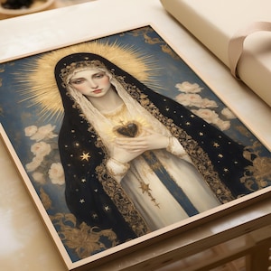 May include: A framed religious artwork featuring a woman in a black veil and gold halo. The woman is holding a heart with a flame. The artwork has a blue background with white roses and gold accents.
