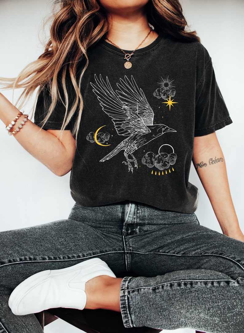 Crow Shirt, Sun and Moon celestial tshirt, womans vintage tee, retro graphic, pagan witch gift, black unisex top, over-sized comfort colors image 1