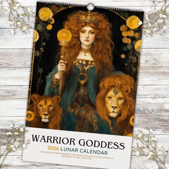 Warrior Goddess 2026 Moon Phase Calendar, pagan gift, manifestation lunar planner art calendar, Illustrated divine feminine Greek Mythology