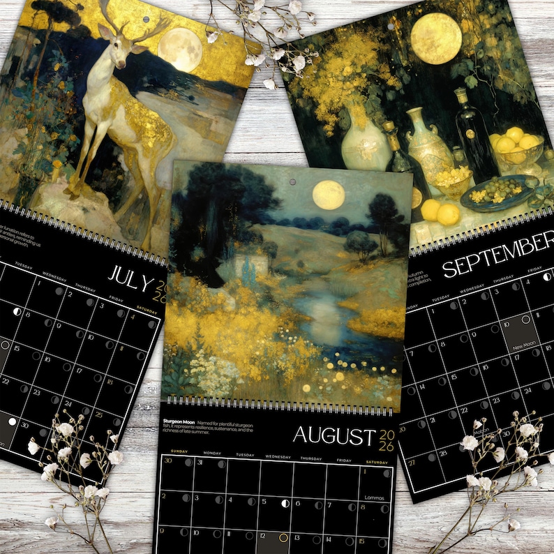 Calendario de fases lunares 2026, planificador lunar compacto y plegable de brujas con festividades paganas y motivos florales melancólicos. imagen 5
