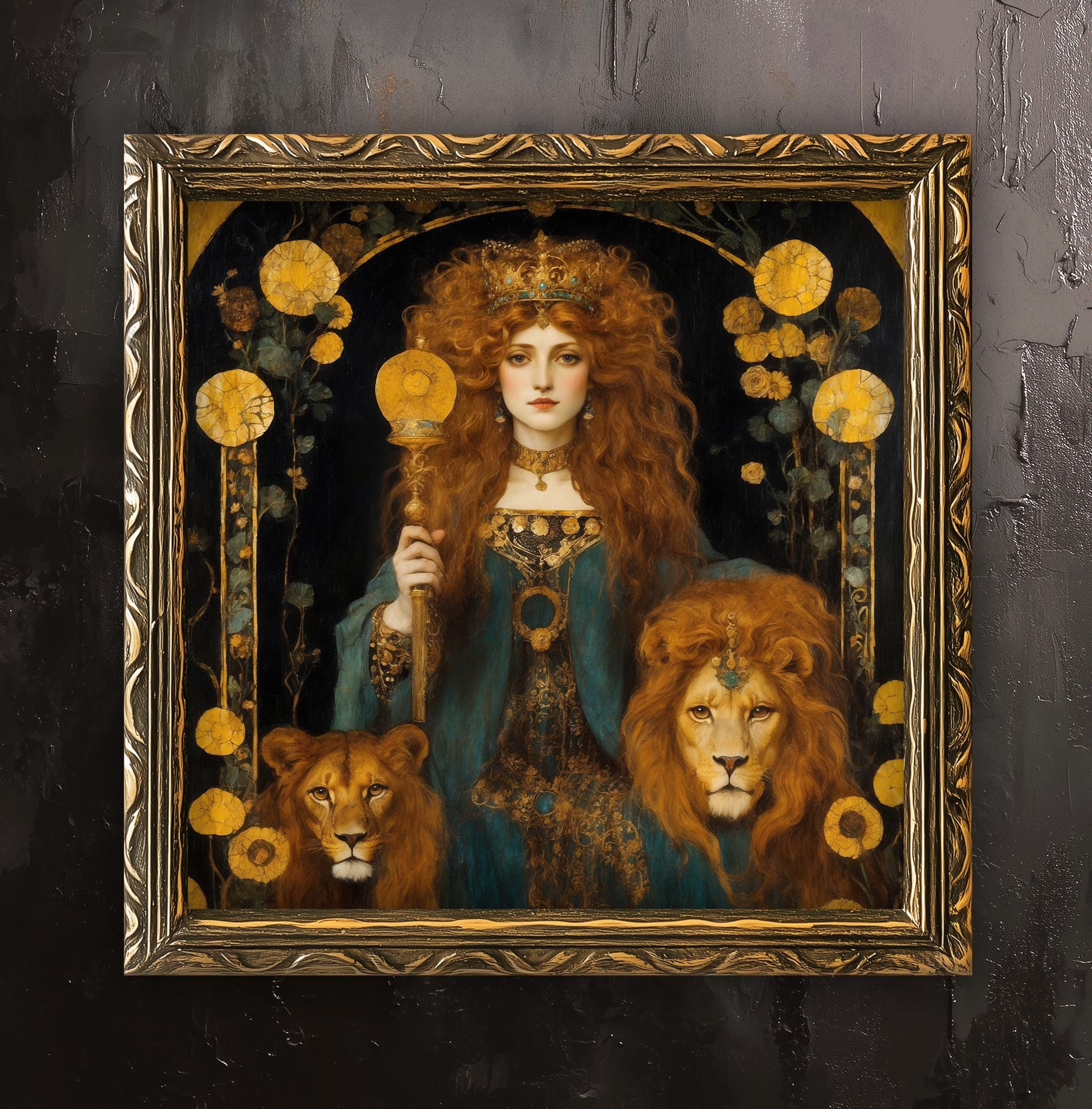 Rhea print with lions, Leo Mother Goddess, greek mythology gift, green gothic wall decor, cat lover, medieval poster, art nouveau deco