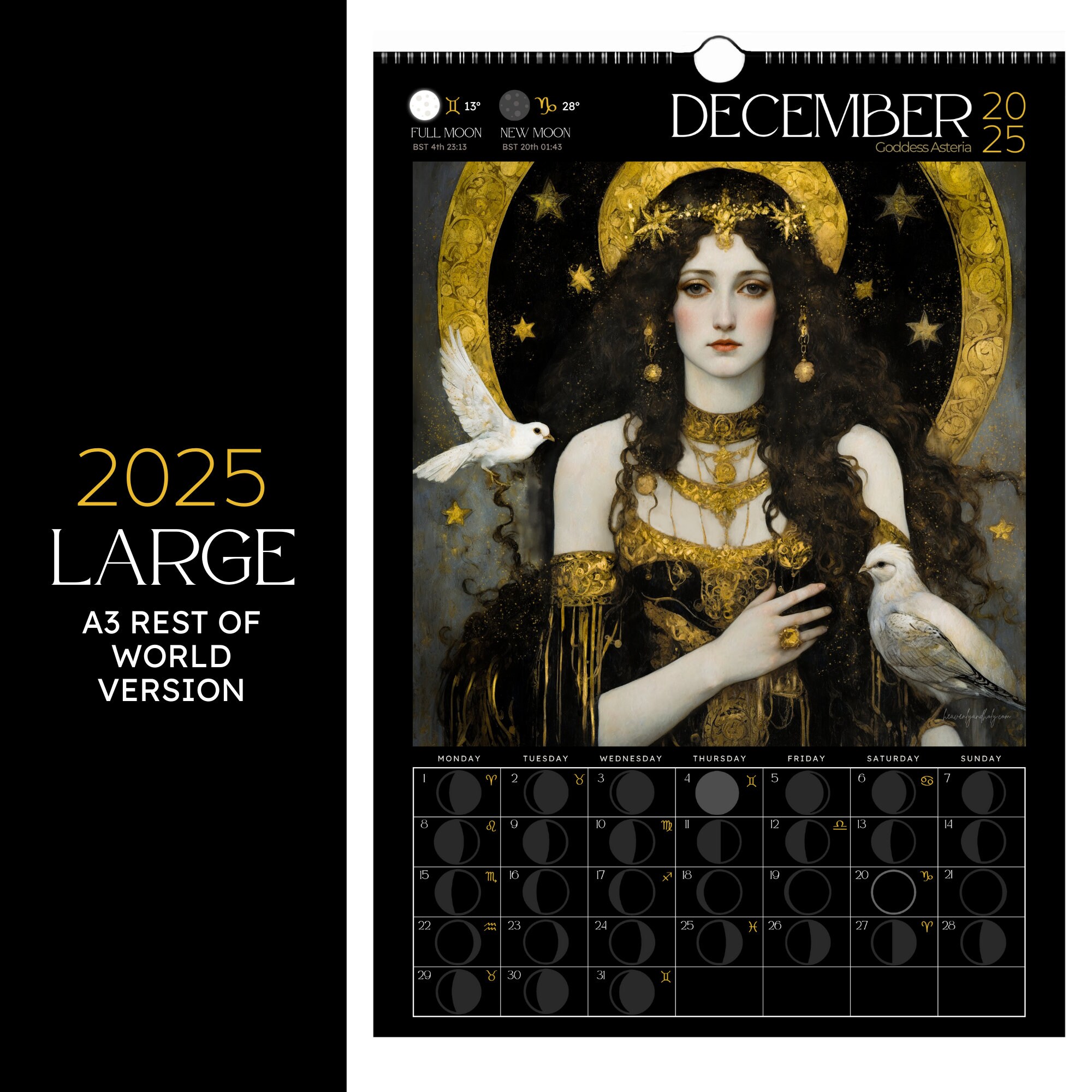 Dark Goddess 2025 Moon Phase Calendar, Lunar Planner Black