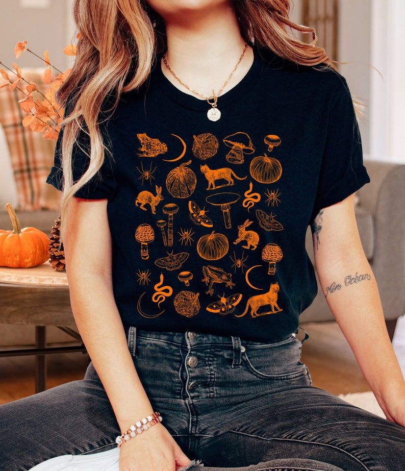 Witchy shirt, pumpkins, spiders & cat vintage tee woman, orange graphic tee, pagan witch gift, black unisex tshirt, over-sized tee Black
