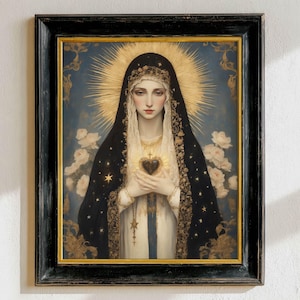 May include: A framed portrait of a woman with a halo, wearing a black veil adorned with gold stars. She holds a heart-shaped object. The background is blue with white roses and gold accents. The frame is black.