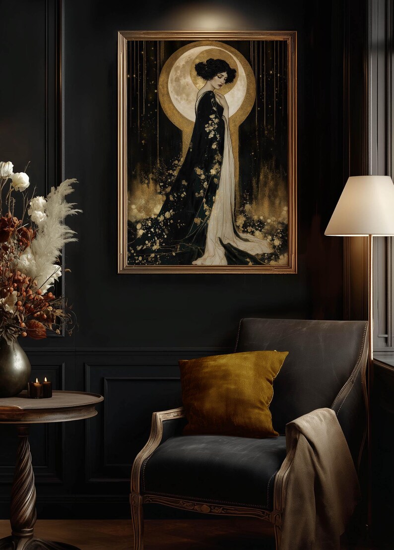 Moon Goddess Art Print, Art Nouveau Celestial Wall Decor, Dark Feminine ...