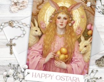 Ostara Easter Card, Anglo-Saxon Goddess of spring & fertility, Oestre Germanic  art with hares, bunnies and easter eggs in pink and gold.