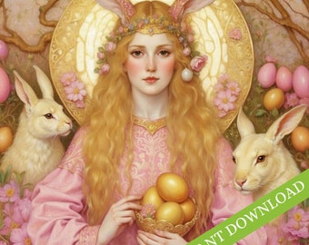 Ostara Printable Cute Nursery art, Goddess of spring & fertility digital download, kitsch Junk journal hares, bunnies, eggs pink and gold.