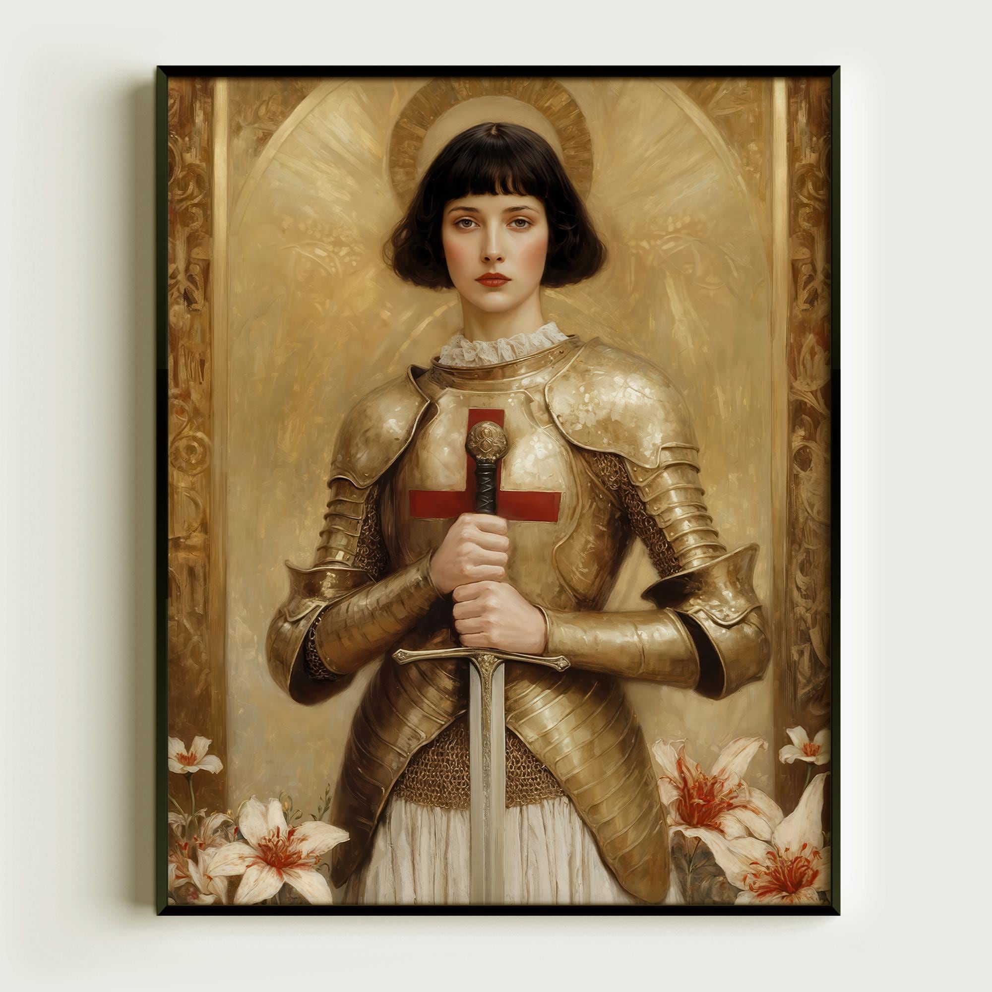 Joan of Arc Print, Woman in armour Giclee Wall Art, Christian gift Female Saint Poster, Catholic heroine warrior, divine feminine home Decor
