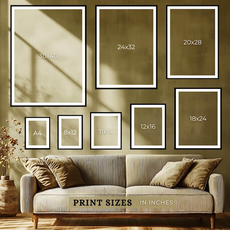 May include: A display of framed art prints in various sizes, including 30x40, 24x32, 20x28, 18x24, 12x16, 11x14, 8x12, and A4. The frames are black with white borders, and the text "PRINT SIZES IN INCHES" is displayed.