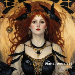 The Morrigan printable, Celtic Goddess of Crows. Gothic wall art deco, dark coquette room decor, pagan witchy gift, whimsigoth art nouveau