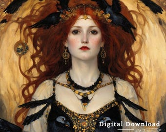 Morrigan Art Nouveau Print, Celtic Goddess of Crows (Digital Download)