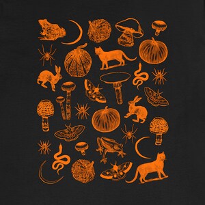 Witchy shirt, pumpkins, spiders & cat vintage tee woman, orange graphic tee, pagan witch gift, black unisex tshirt, over-sized tee image 3