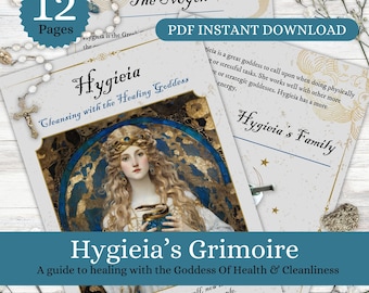 Hygieia Grimoire Book Of Shadows for deity work. Goddess printable pages pdf guide. Hygieia meaning in symbolism, art, myth & astrology