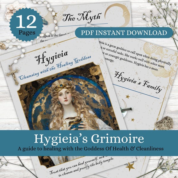 Hygieia Grimoire Book Of Shadows for deity work. Goddess printable pages pdf guide. Hygieia divinatory meaning in witchcraft & tarot.