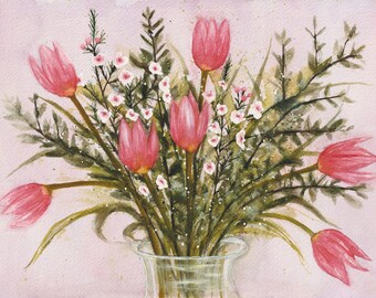 Pink Tulips ORIGINAL painting. Botanical anniversary or wedding gift. Flower watercolor floral wall art for mother or daughter's birthday.
