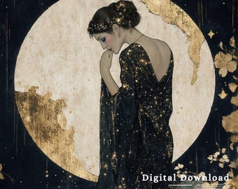 Art Nouveau Moon Goddess Print | Witchy Celestial Decor (Digital Download)