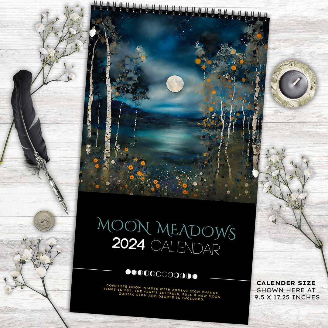 Moon Phase Wall Calendar 2024 I Large Usa Lunar Calendar, Floral