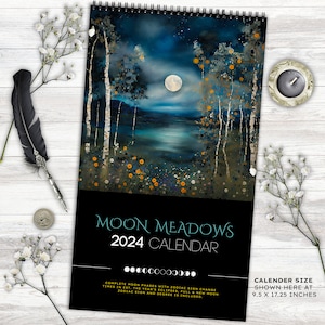 Moon Phase wall Calendar 2024 I Large Usa Lunar Calendar, floral landscape, black colourful Illustrated Wall Art, Pagan decor Gift astrology