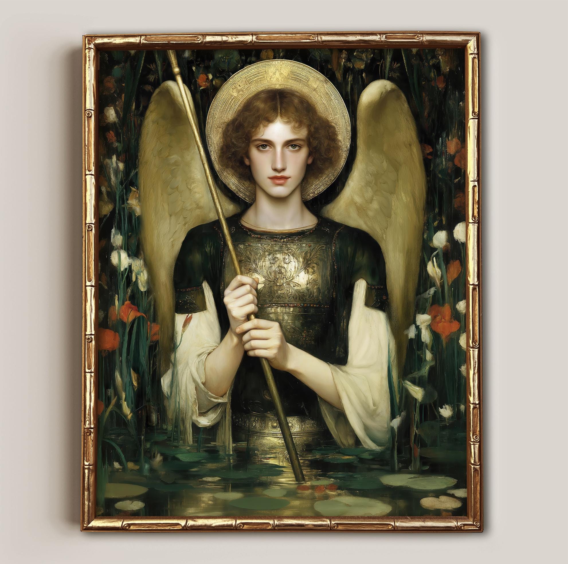Archangel Raphael Healing Art Print, Water Lily Lake Angel Art, Moody ...