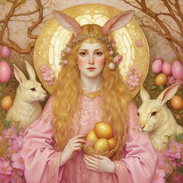 Ostara Print, Cute Nursery art, Goddess of spring & fertility, Mother's day gift, Kitschy decor with hares, bunnies, eggs in pink and gold.
