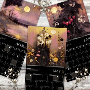 Calendario de fases lunares 2026, planificador lunar compacto y plegable de brujas con festividades paganas y motivos florales melancólicos. imagen 4