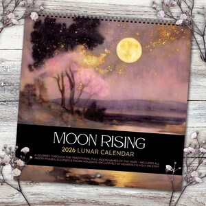 Calendario de fases lunares 2026, planificador lunar compacto y plegable de brujas con festividades paganas y motivos florales melancólicos. imagen 1