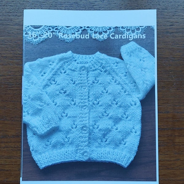 A PDF Rosebud Lace Knitting Pattern in Double Knitting Yarn to fit 16"- 20" 0-12months