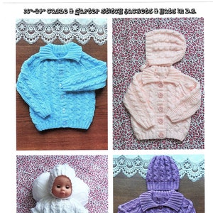 May include: Four knitted baby jackets and hats in blue, pink, white, and purple. The jackets are cable knit and have a button closure. The hats are also cable knit and have a fold-over brim.