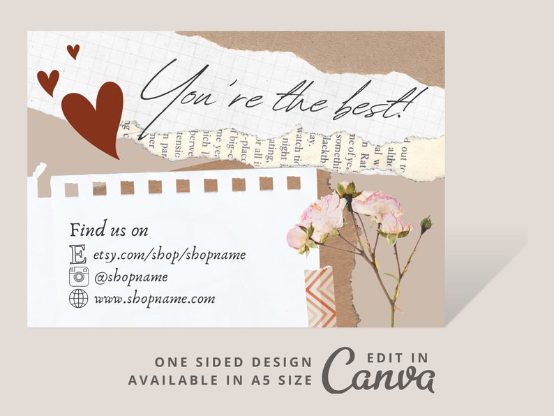 Editable One Sided Thank You Card Template Design for Etsy - Etsy