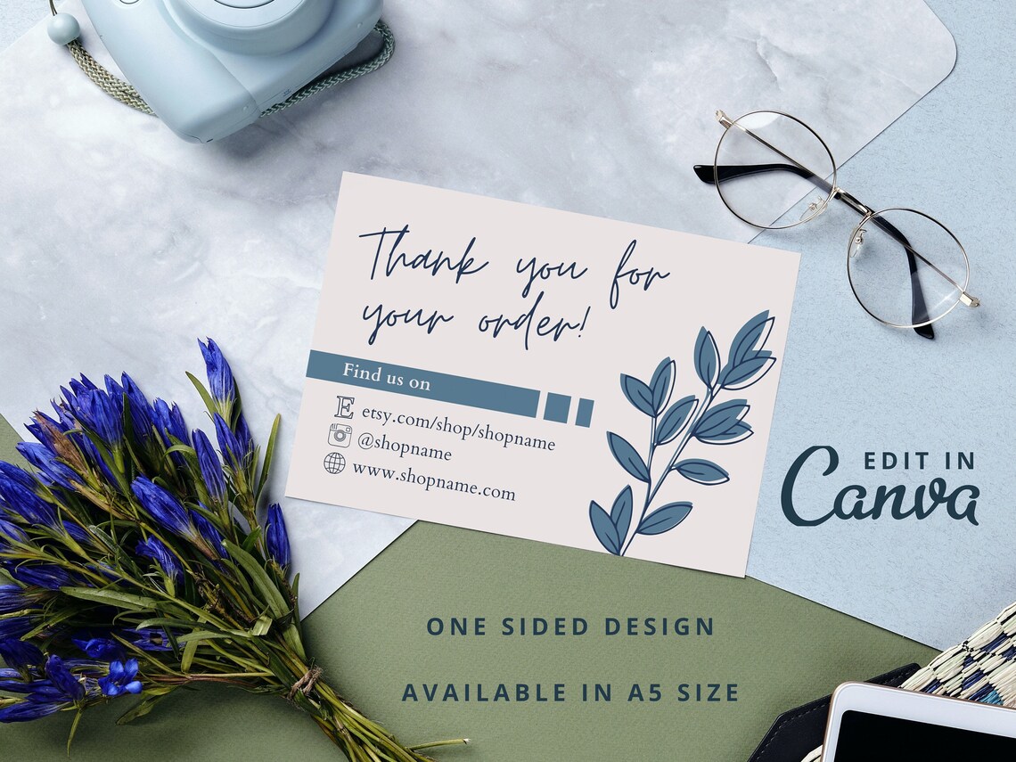 Editable One Sided Thank You Card Template Design for Etsy Business, Canva Foliage Thank You ...